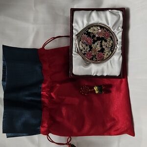 Floral Design Compact Mirror with Red Pouch Made In Korea Gift